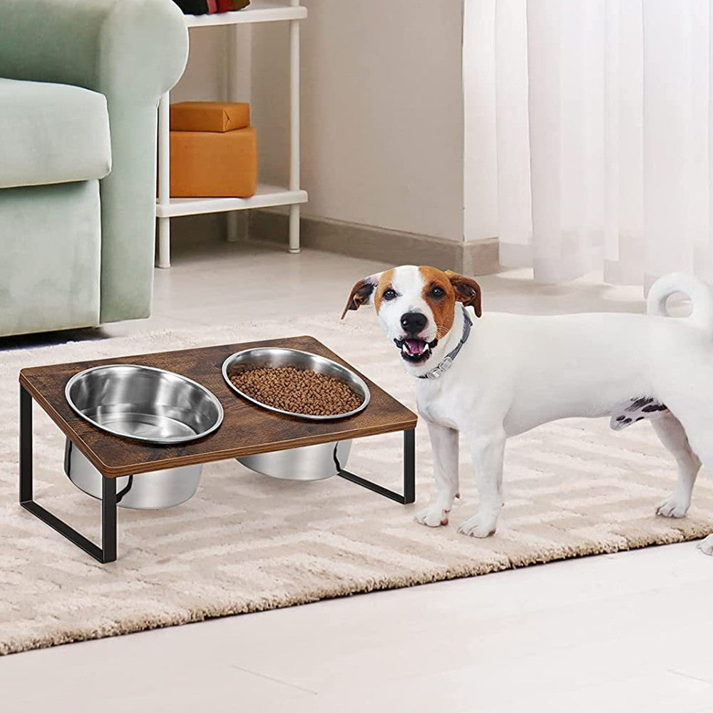 Log Pet Feeding Rack Iron Wood Combined With Bowl Rack