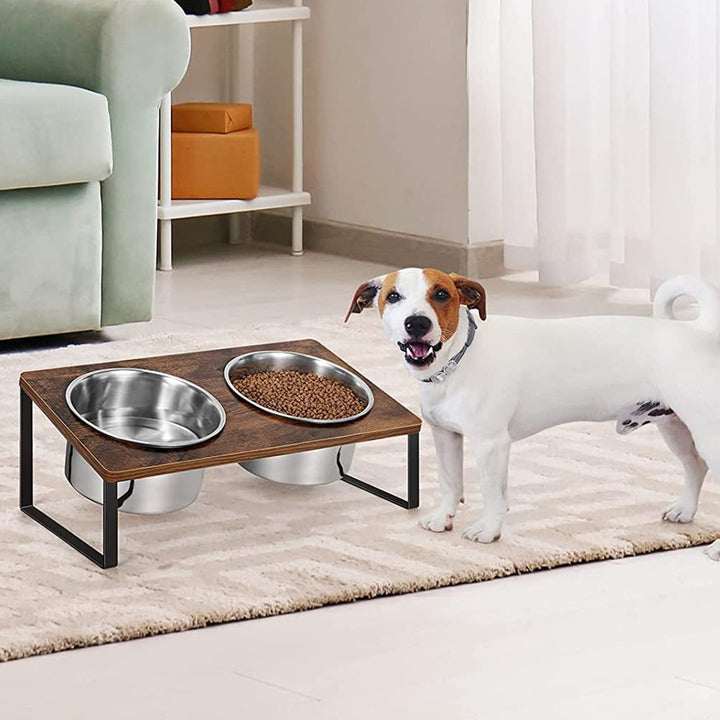 Log Pet Feeding Rack Iron Wood Combined With Bowl Rack