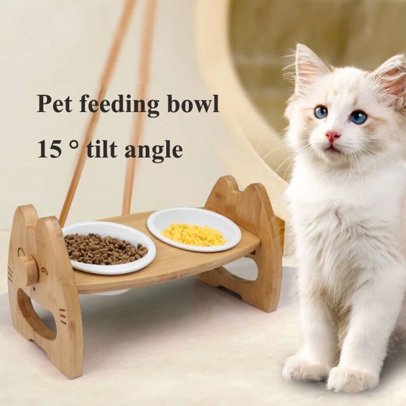 Pet Ceramic Double Bowl With Adjustable Wooden Stand Elevated Feeding Basin