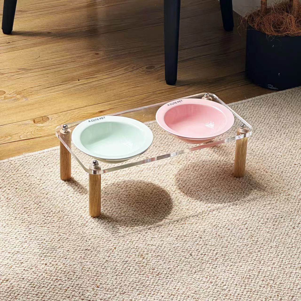 Pet Ceramic Double Bowl Anti-Tip Elevated Food And Water Holder