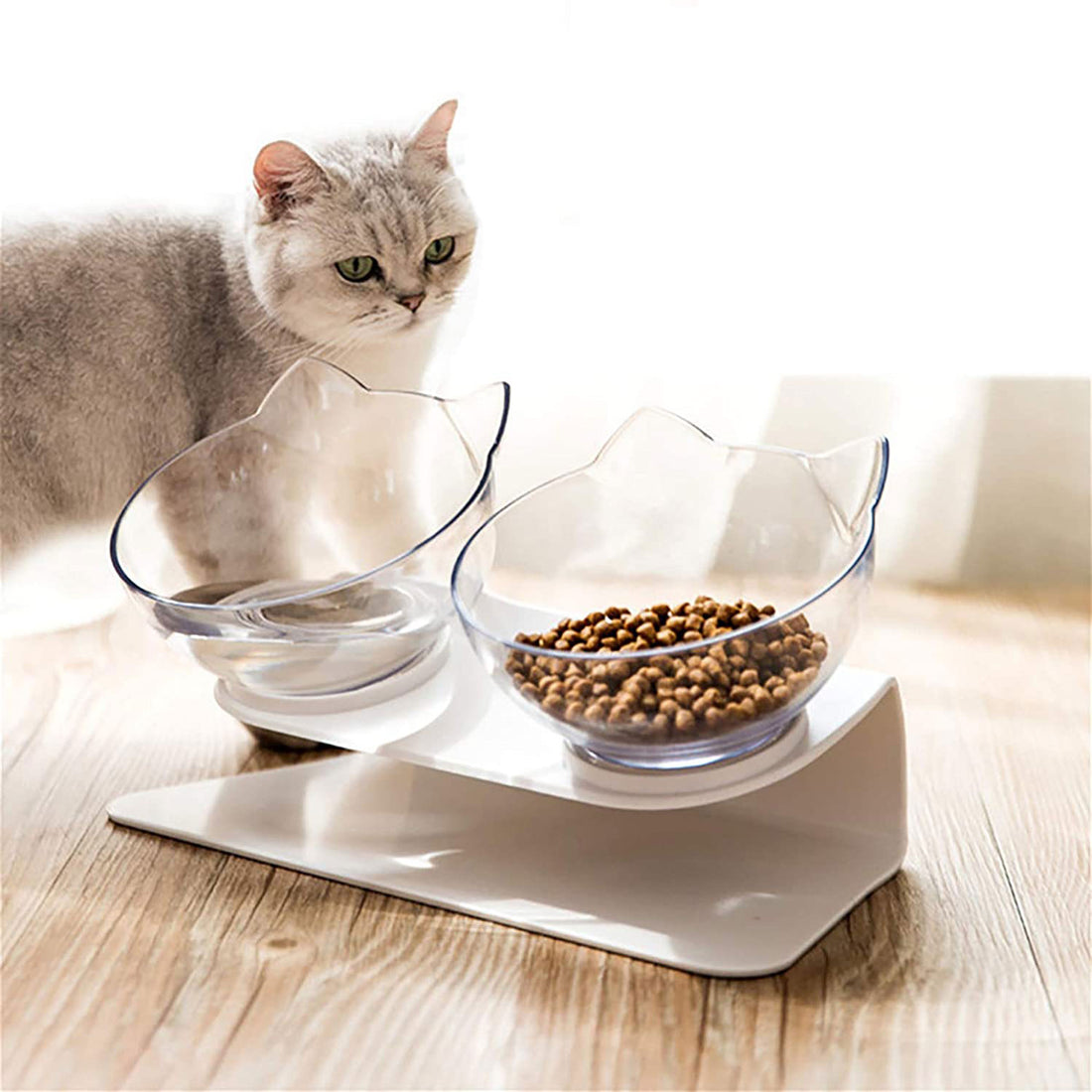 Non Slip Double Bowl Raised Stand Pet Feeder Transparent Food And Water Station