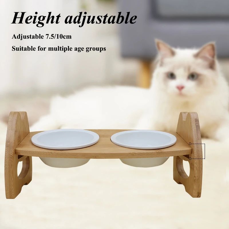 Pet Ceramic Double Bowl With Adjustable Wooden Stand Elevated Feeding Basin