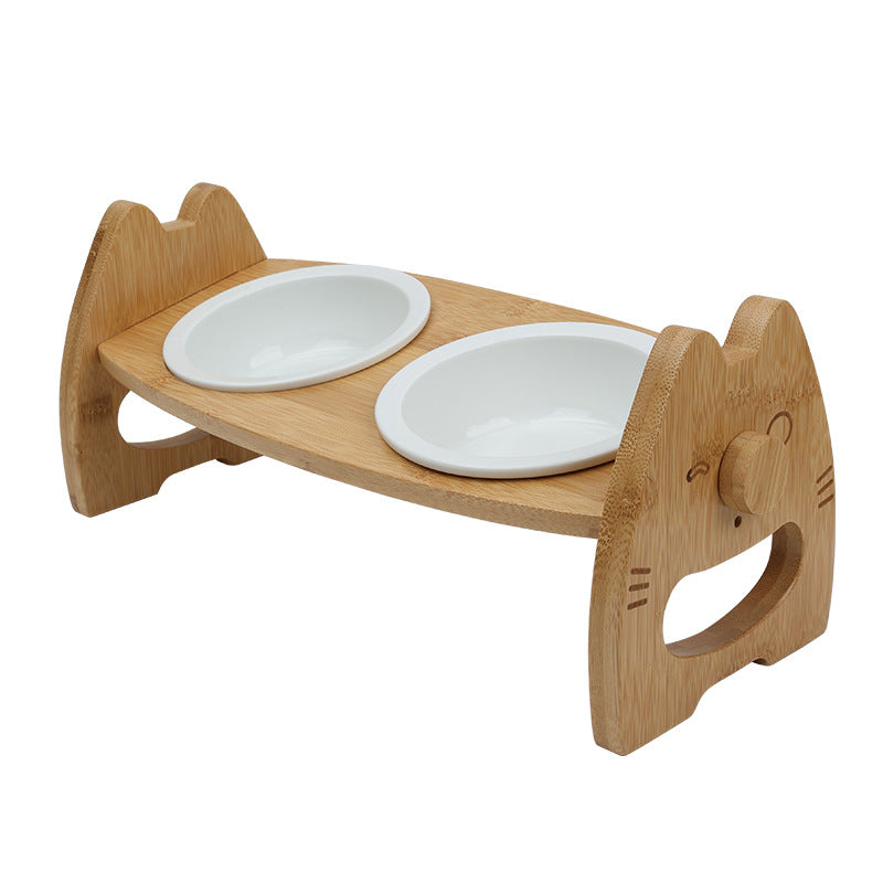 Pet Ceramic Double Bowl With Adjustable Wooden Stand Elevated Feeding Basin