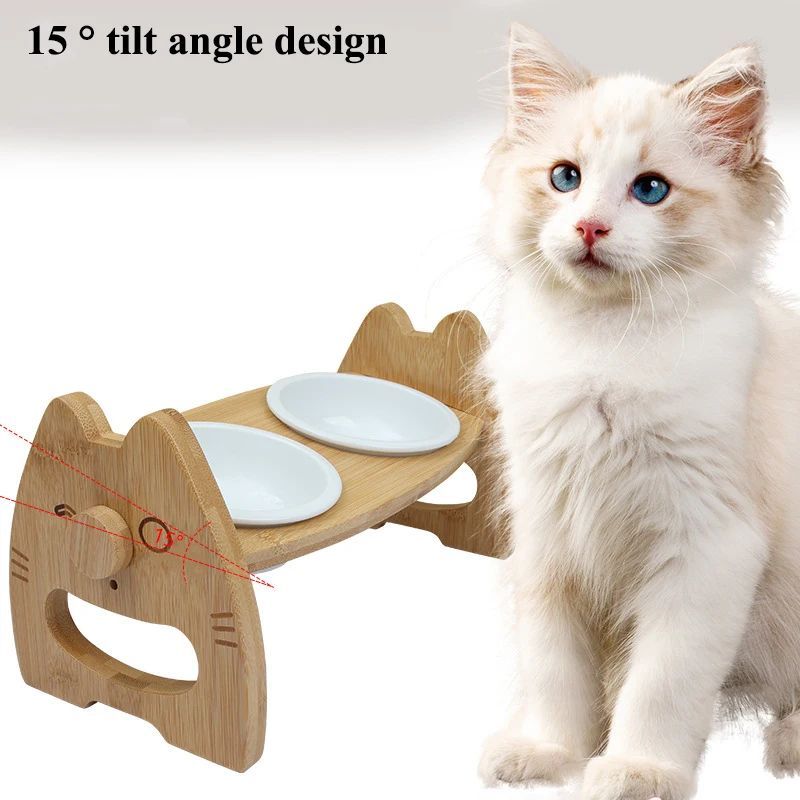 Pet Ceramic Double Bowl With Adjustable Wooden Stand Elevated Feeding Basin