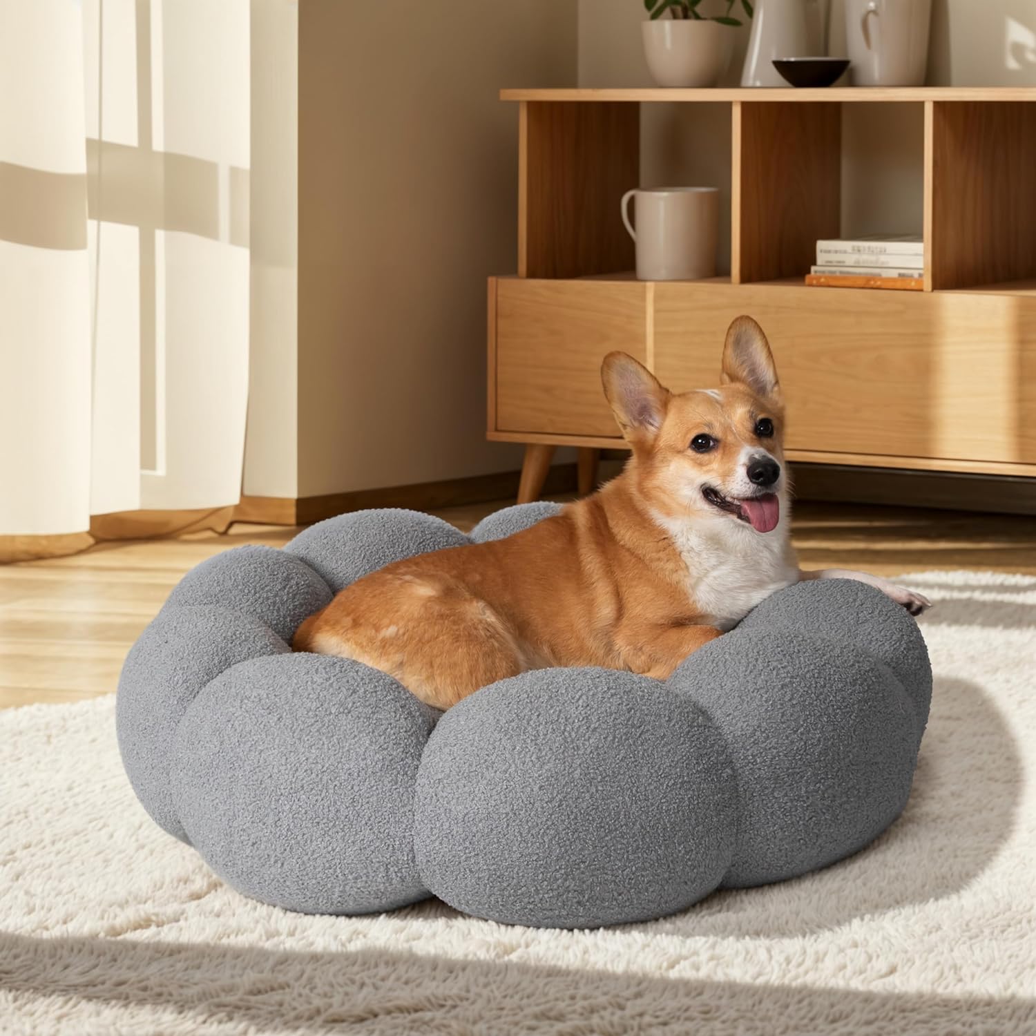 Pet Fluffy Round Donut Calming Bed Plush Comfortable Non Slip Washable Sleeping Nest