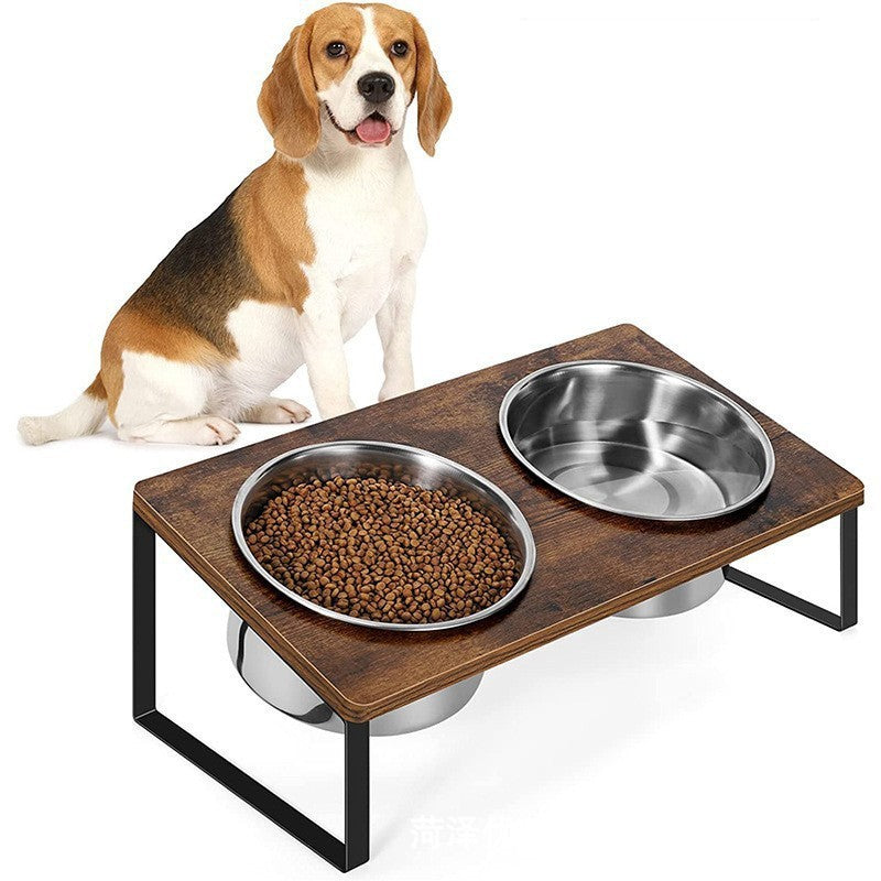 Log Pet Feeding Rack Iron Wood Combined With Bowl Rack