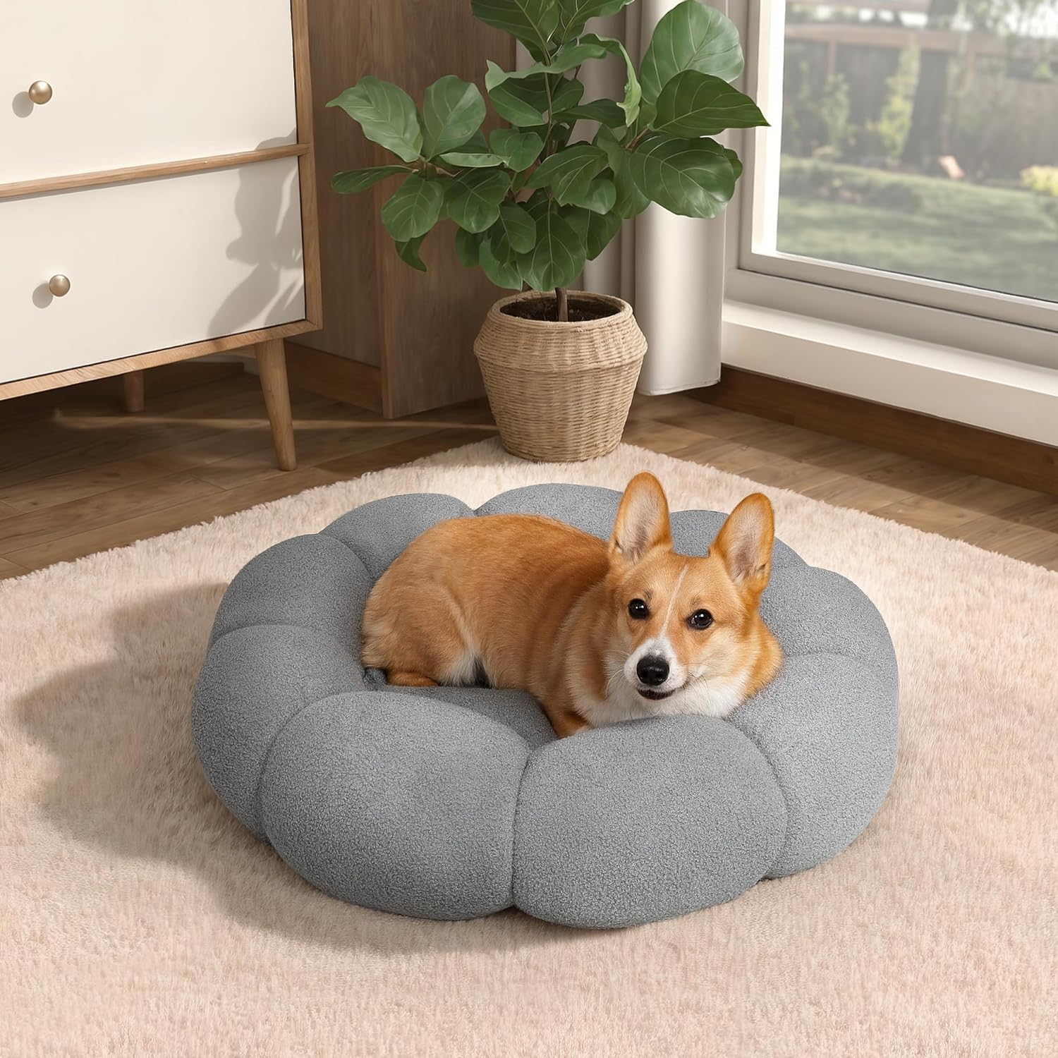 Pet Fluffy Round Donut Calming Bed Plush Comfortable Non Slip Washable Sleeping Nest