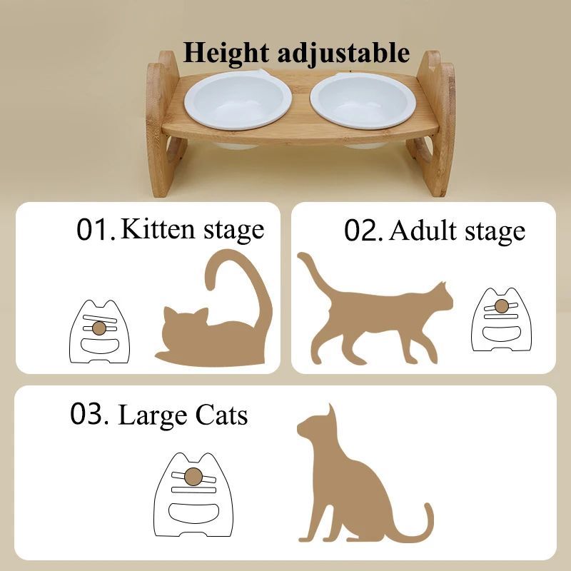 Pet Ceramic Double Bowl With Adjustable Wooden Stand Elevated Feeding Basin