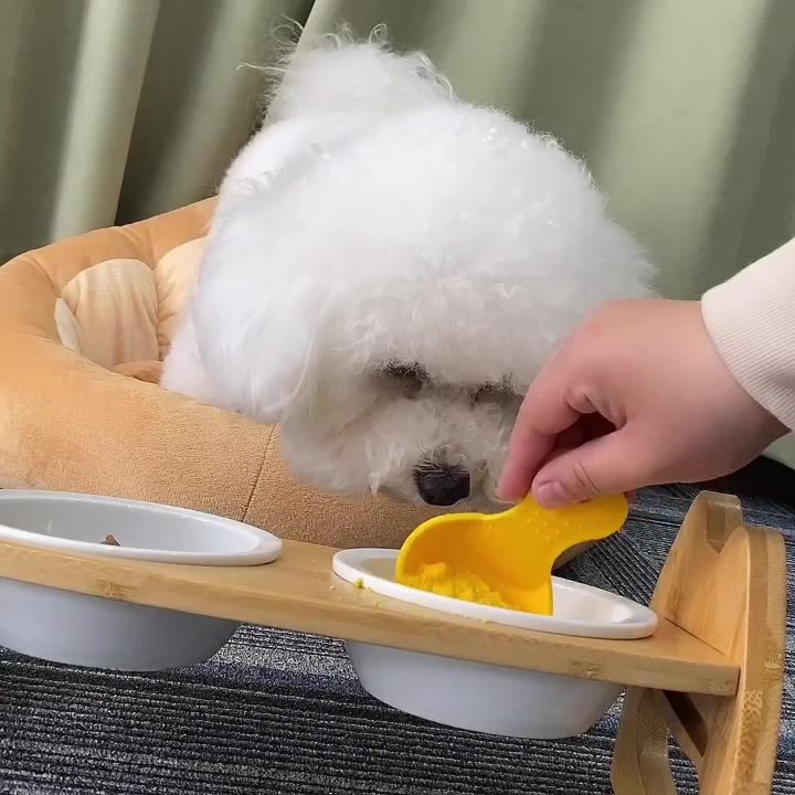 Pet Ceramic Double Bowl With Adjustable Wooden Stand Elevated Feeding Basin