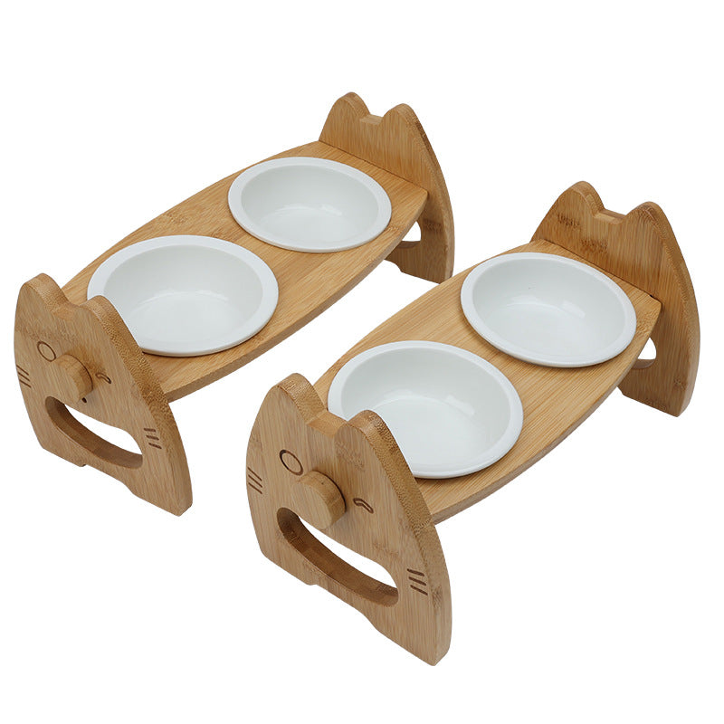 Pet Ceramic Double Bowl With Adjustable Wooden Stand Elevated Feeding Basin
