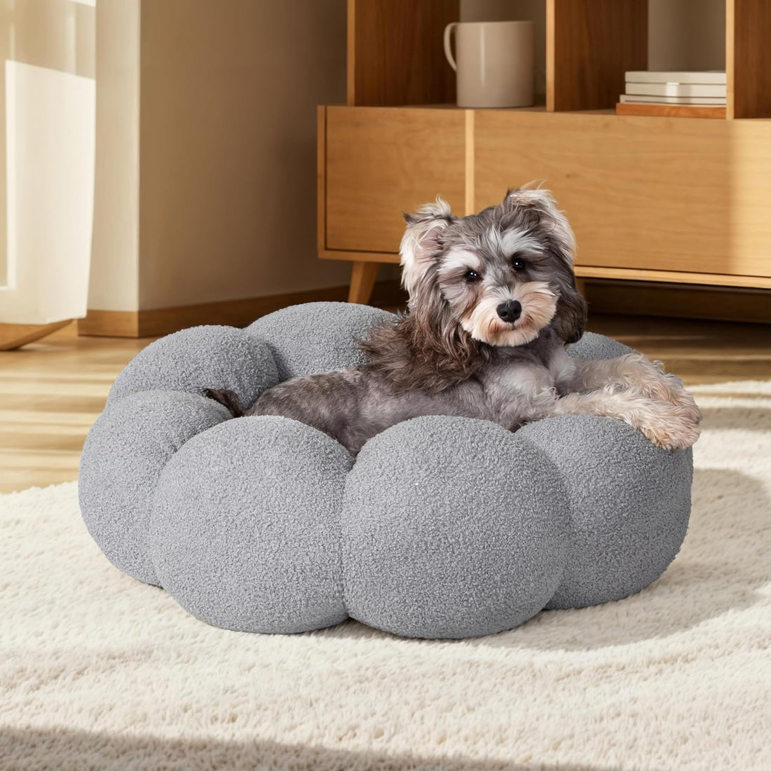Pet Fluffy Round Donut Calming Bed Plush Comfortable Non Slip Washable Sleeping Nest