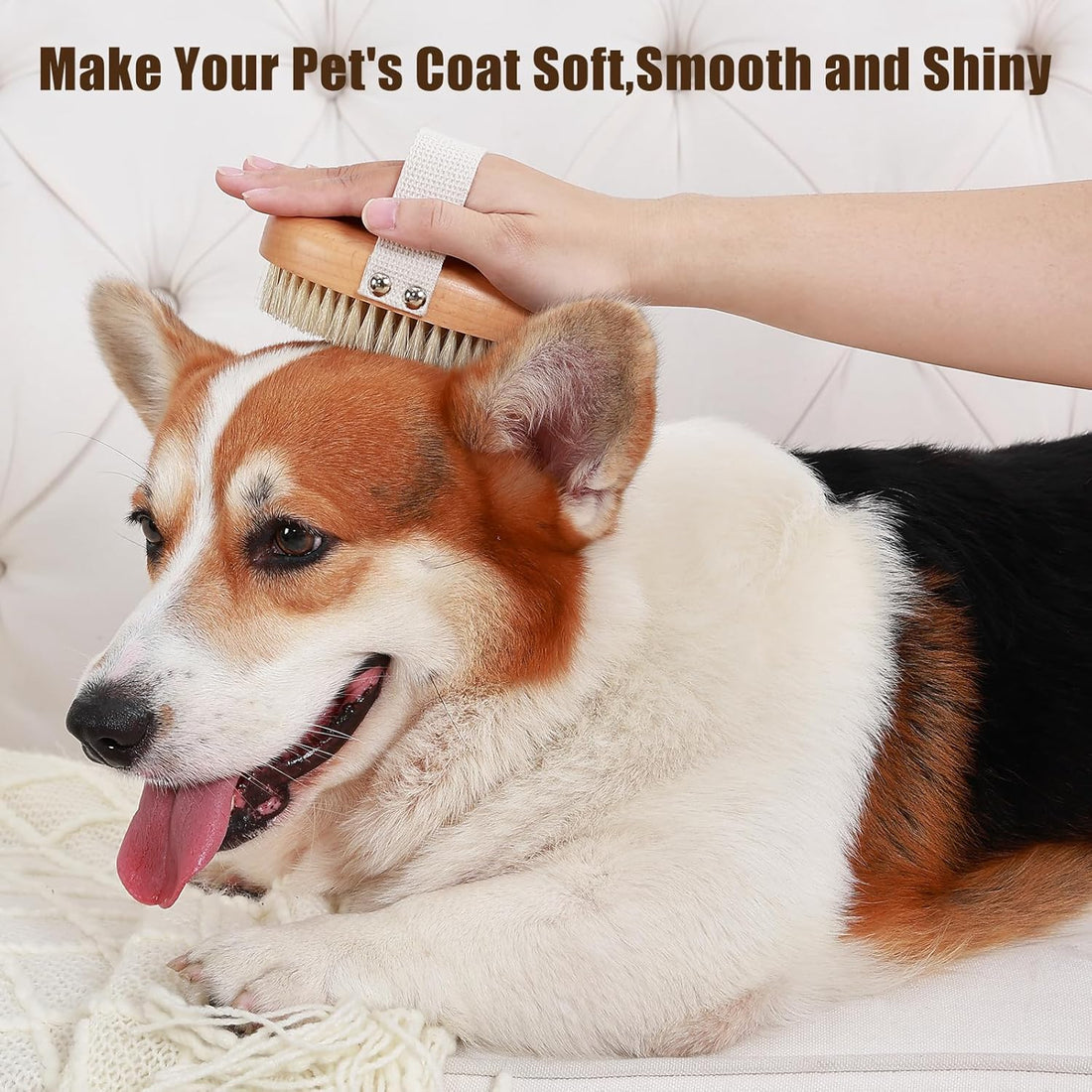 Soft Boar Bristle Palm Grooming Brush With Ergonomic Band For Shedding Control
