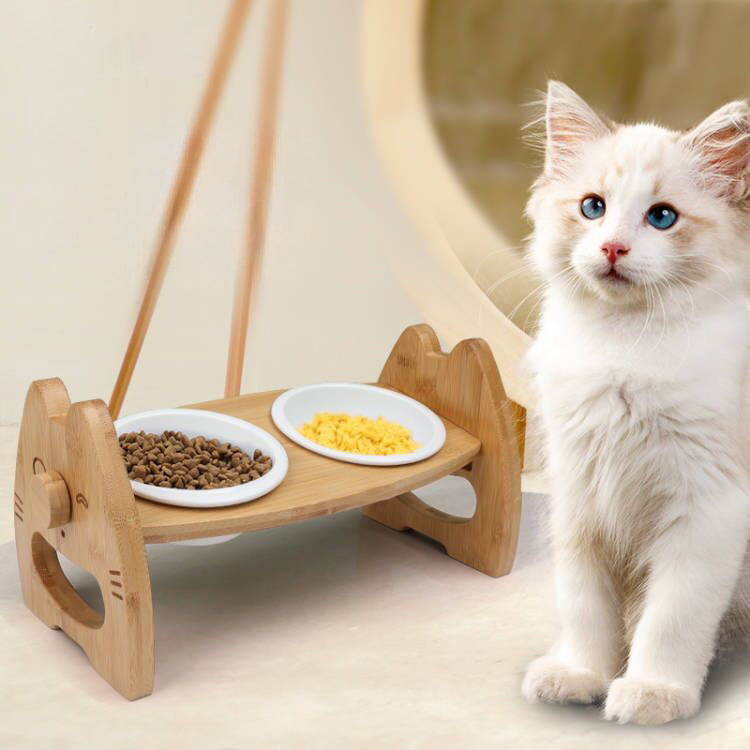 Pet Ceramic Double Bowl With Adjustable Wooden Stand Elevated Feeding Basin