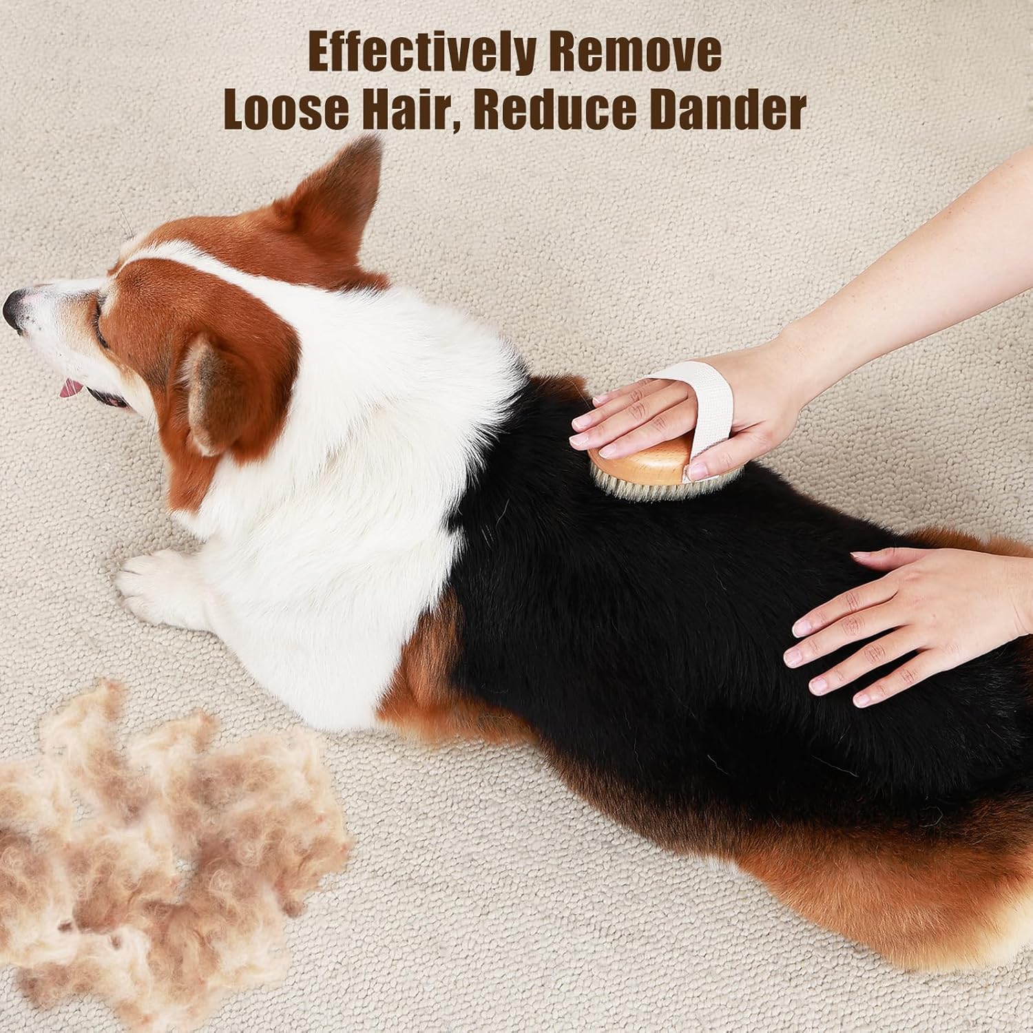 Soft Boar Bristle Palm Grooming Brush With Ergonomic Band For Shedding Control