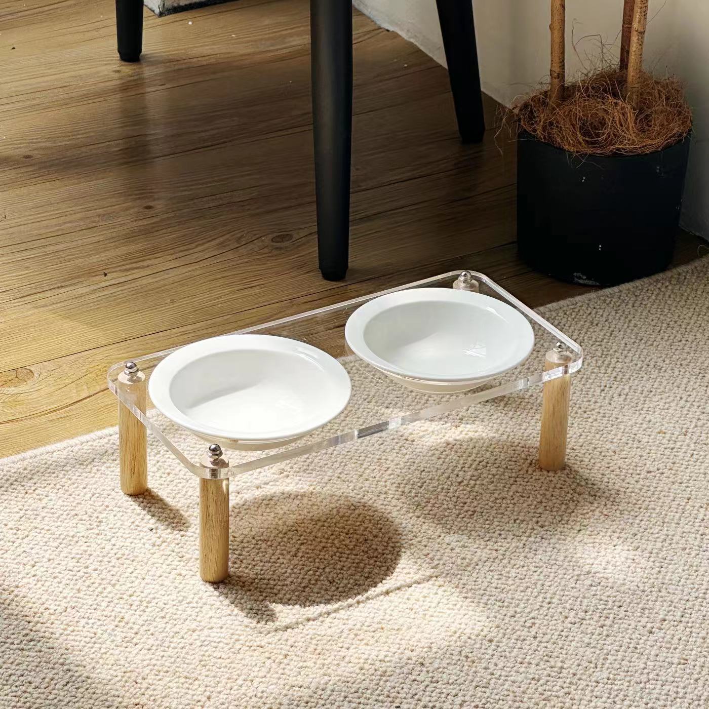 Pet Ceramic Double Bowl Anti-Tip Elevated Food And Water Holder