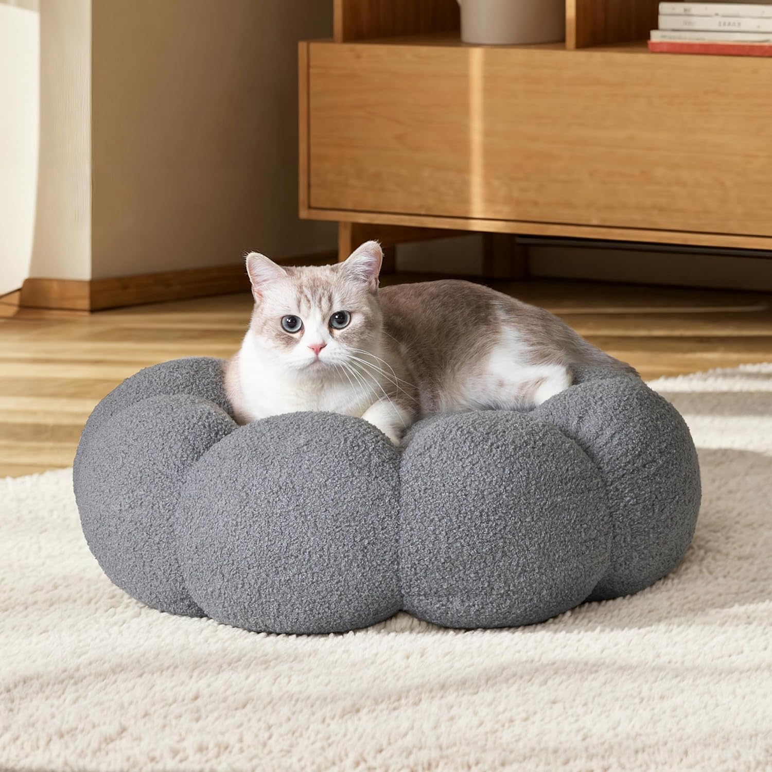 Pet Fluffy Round Donut Calming Bed Plush Comfortable Non Slip Washable Sleeping Nest