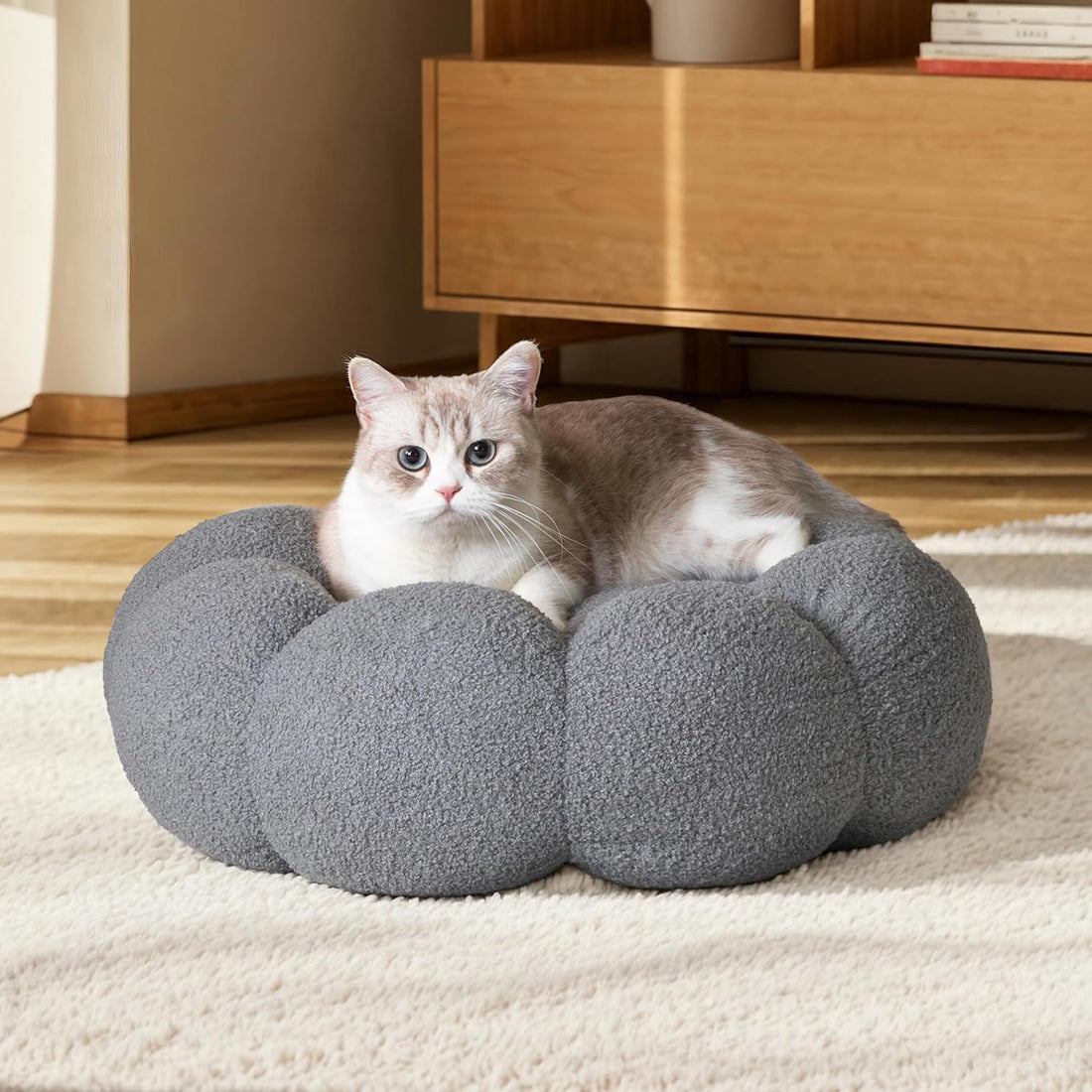 Pet Fluffy Round Donut Calming Bed Plush Comfortable Non Slip Washable Sleeping Nest
